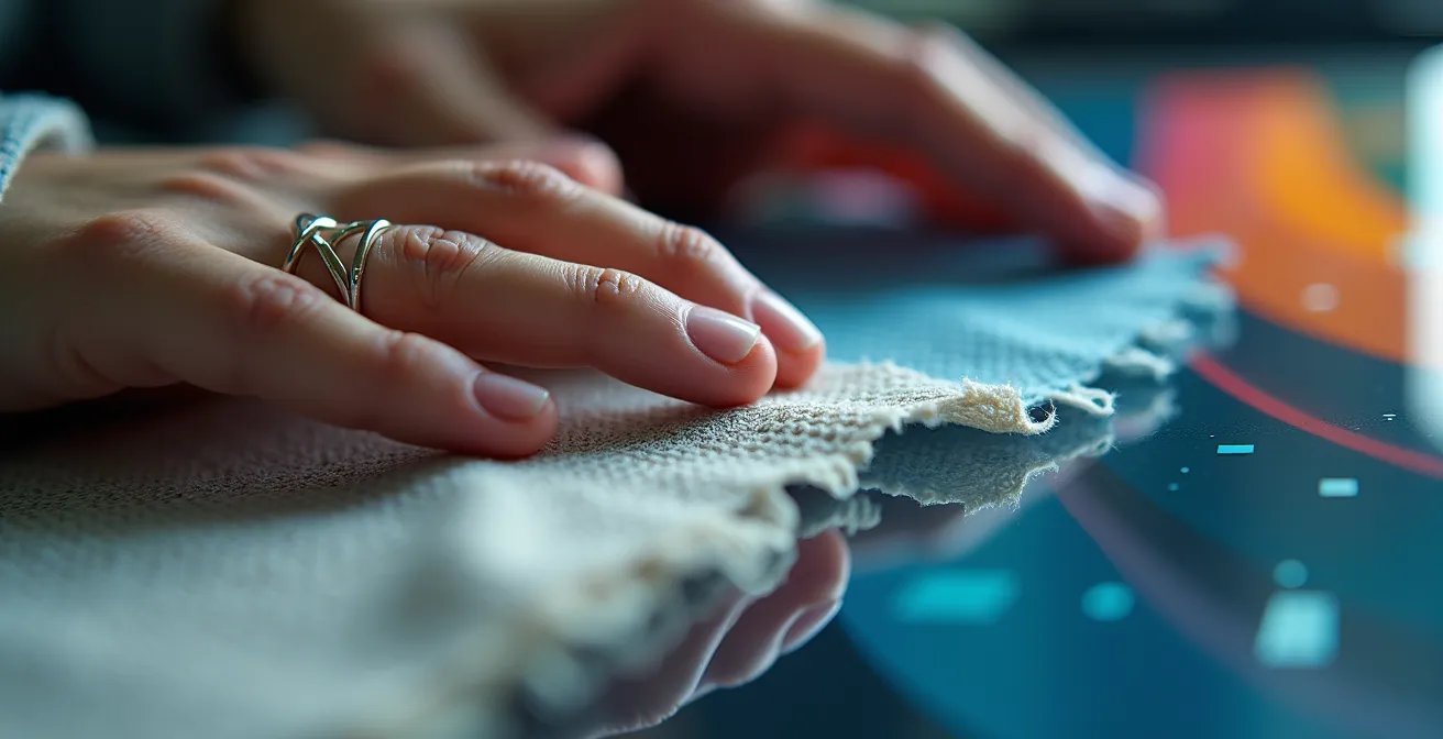 Close-up van handen die werken met 3D-modellering software voor mode-ontwerp