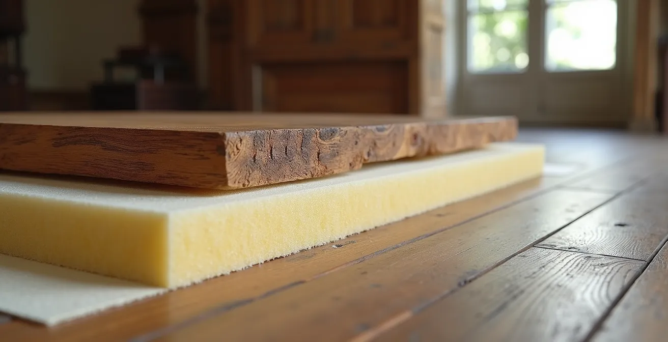 Doorsnede van een houten vloer met akoestische isolatielagen in een Belgisch herenhuis