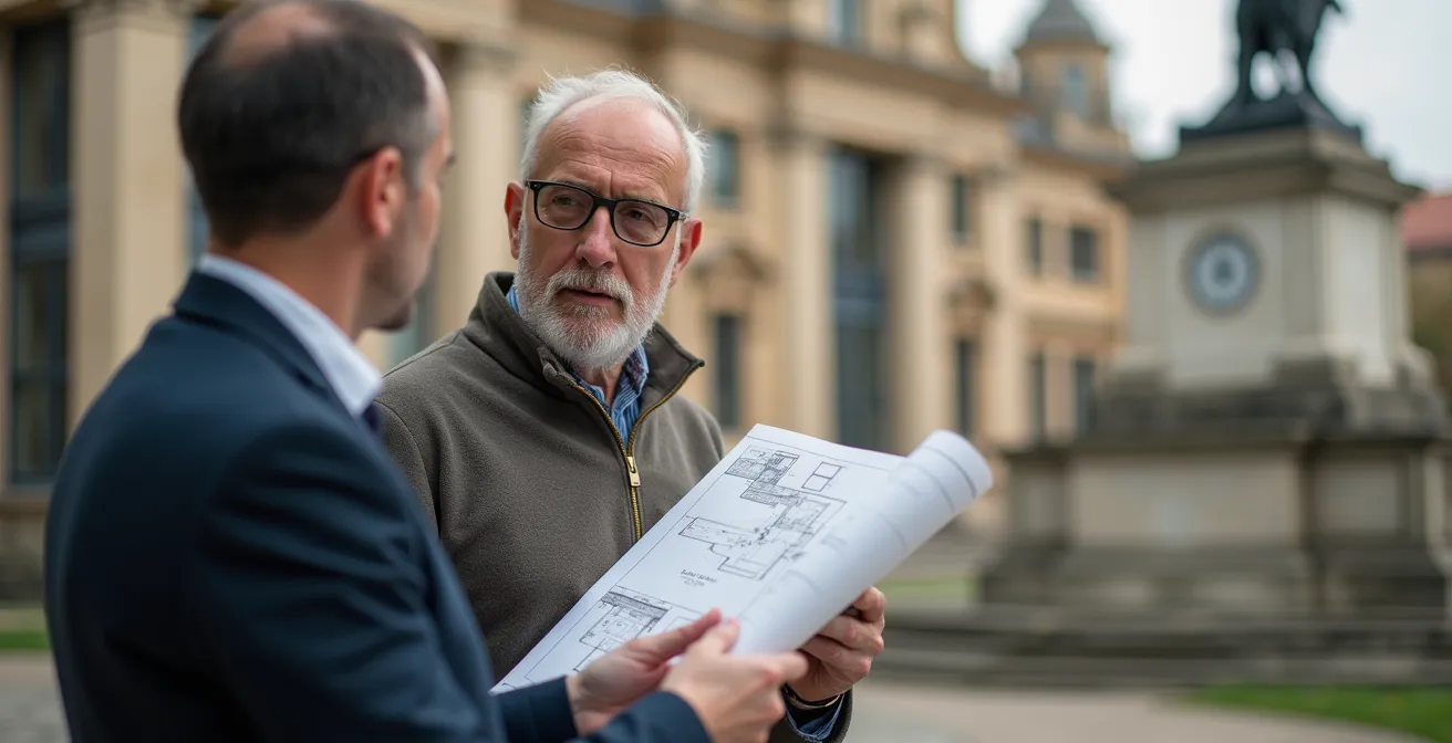 Architect en eigenaar bespreken bouwplannen voor een beschermd monument