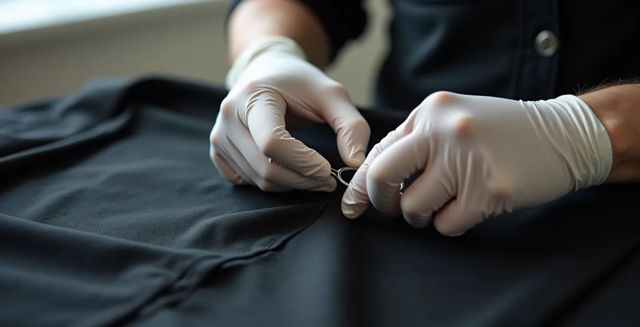 Handen onderzoeken naaddetails van een zwart kledingstuk met vergrootglas