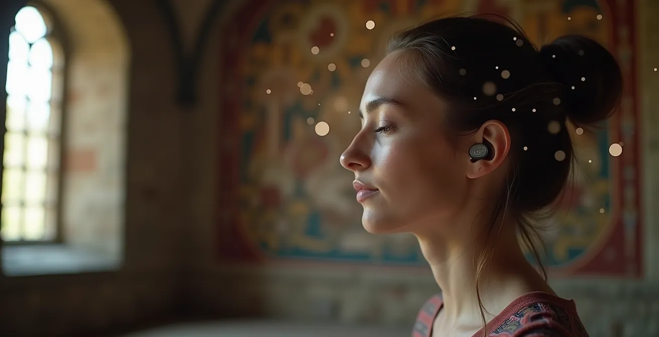 Bezoeker in middeleeuwse ridderzaal luistert naar 3D audio via discrete oortjes, transparante geluidsgolven suggereren ruimtelijke audio