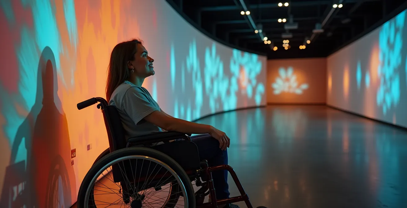 Persoon in rolstoel ervaart interactieve museuminstallatie in toegankelijke ruimte