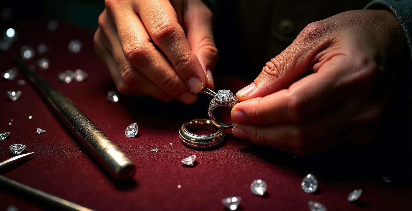 Juweliershanden werken aan een ring in warm atelierlicht met diamanten op fluweel