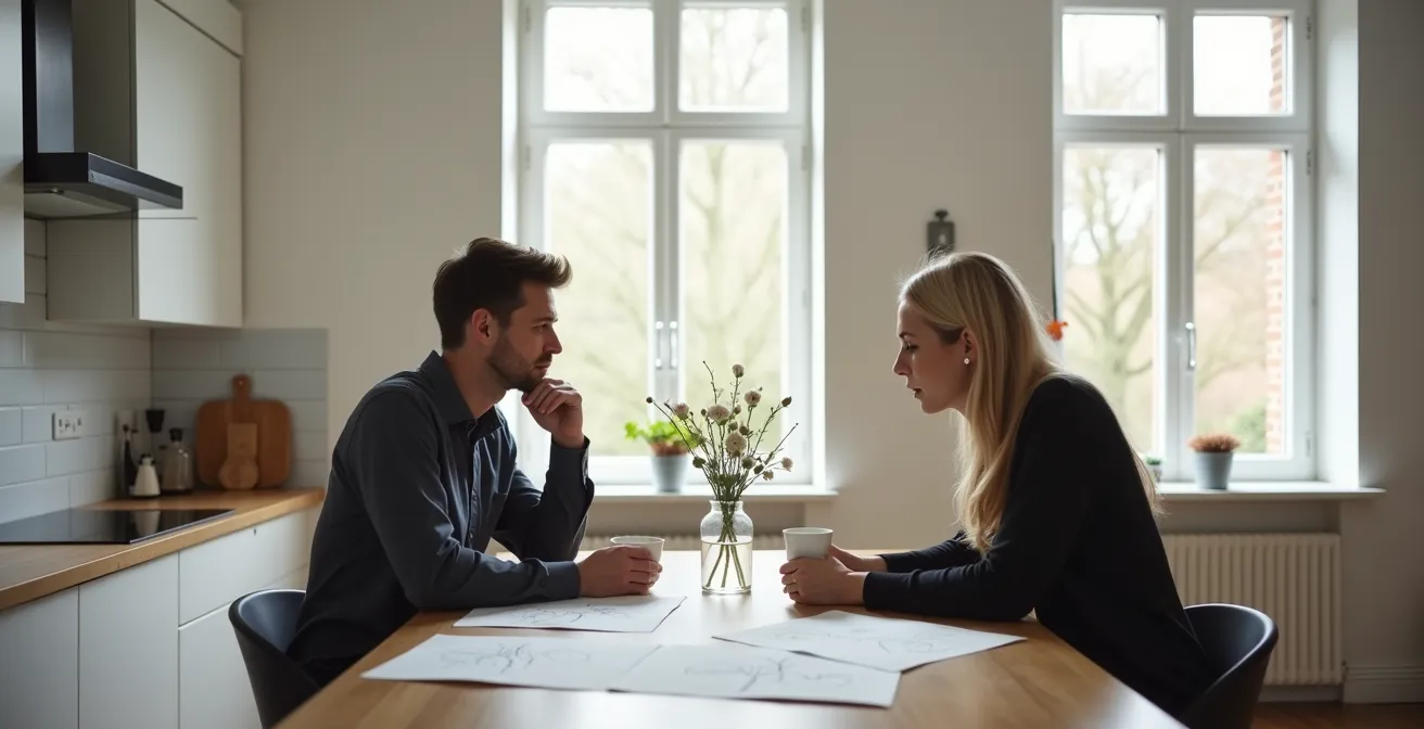 Twee ouders in constructief gesprek over ouderschapsplan aan keukentafel