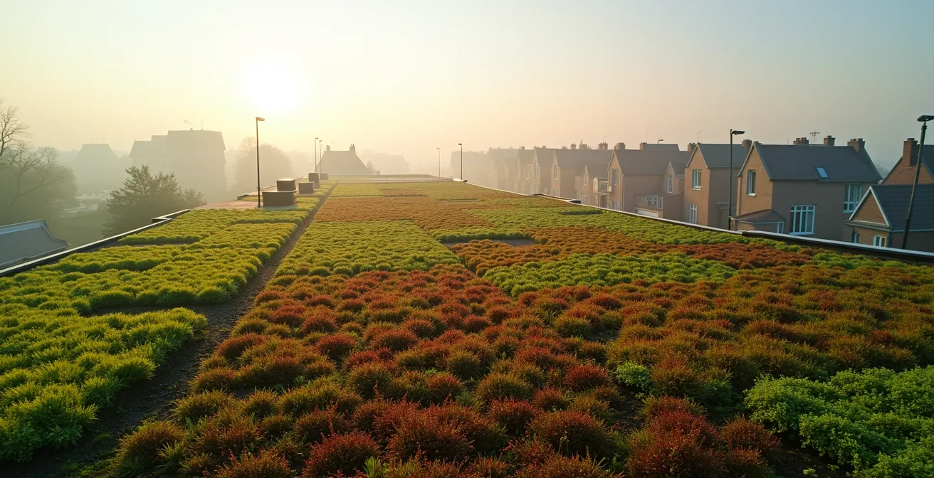 Weids uitzicht over sedumdak met Belgische stadshorizon in zachte ochtendmist