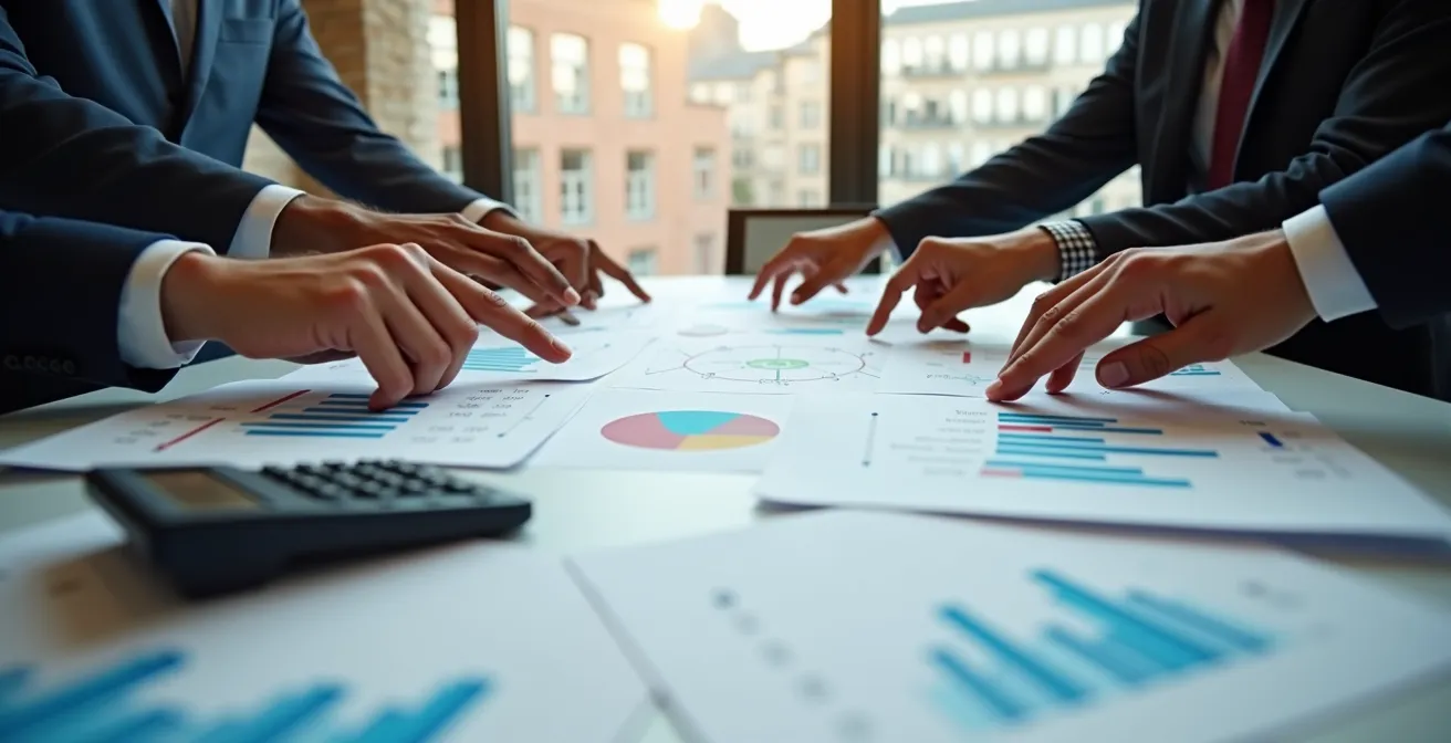 Close-up van handen die financiële documenten analyseren met Vlaamse overheidsgebouwen op de achtergrond