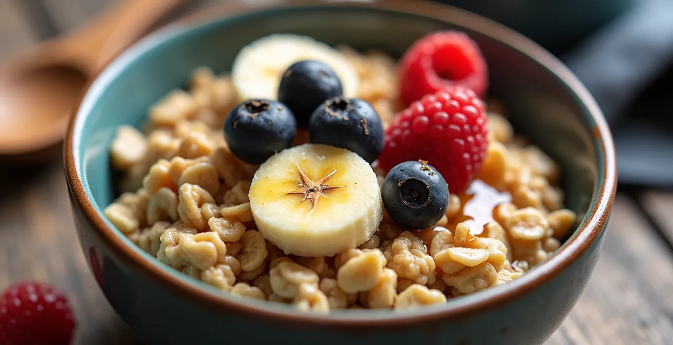 Macro opname van gezond ontbijt met havermout en fruit