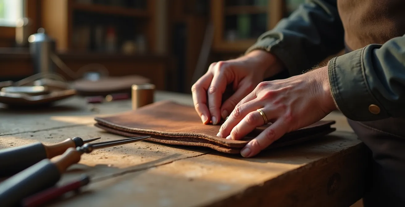 Ambachtelijke reparatie van leren handtas in Belgisch atelier