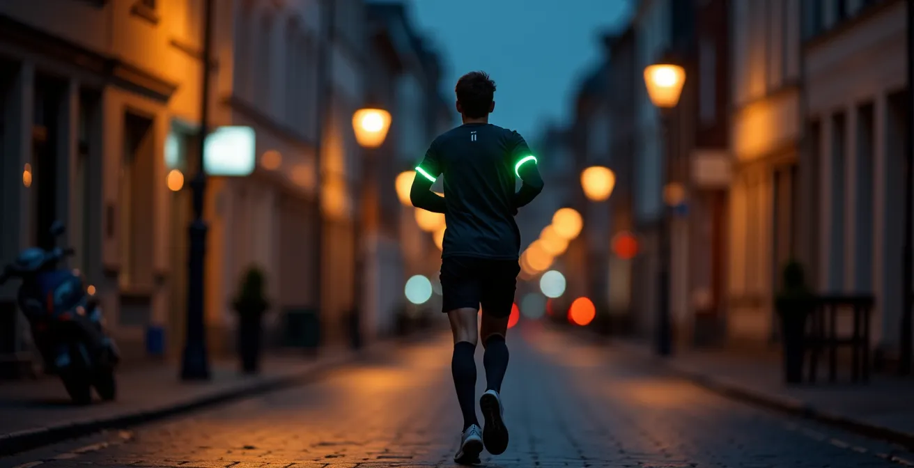 Hardloper met LED-verlichting en reflecterende kleding op een slecht verlichte Brusselse straat