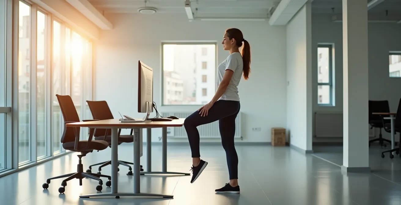 Kantoorwerker demonstreert heupmobiliteit stretch bij bureau