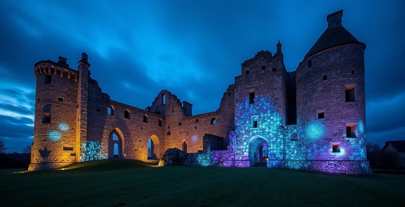 Kasteelruïne 's avonds met dynamische lichtprojecties die reageren op bewegingen van bezoekers, kleurrijke patronen op oude stenen