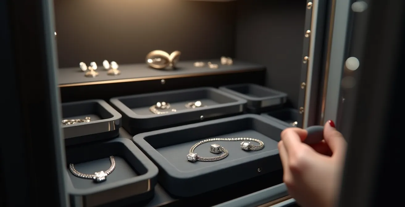 Luxe juwelen in professionele kluis met verzekeringsdocumenten