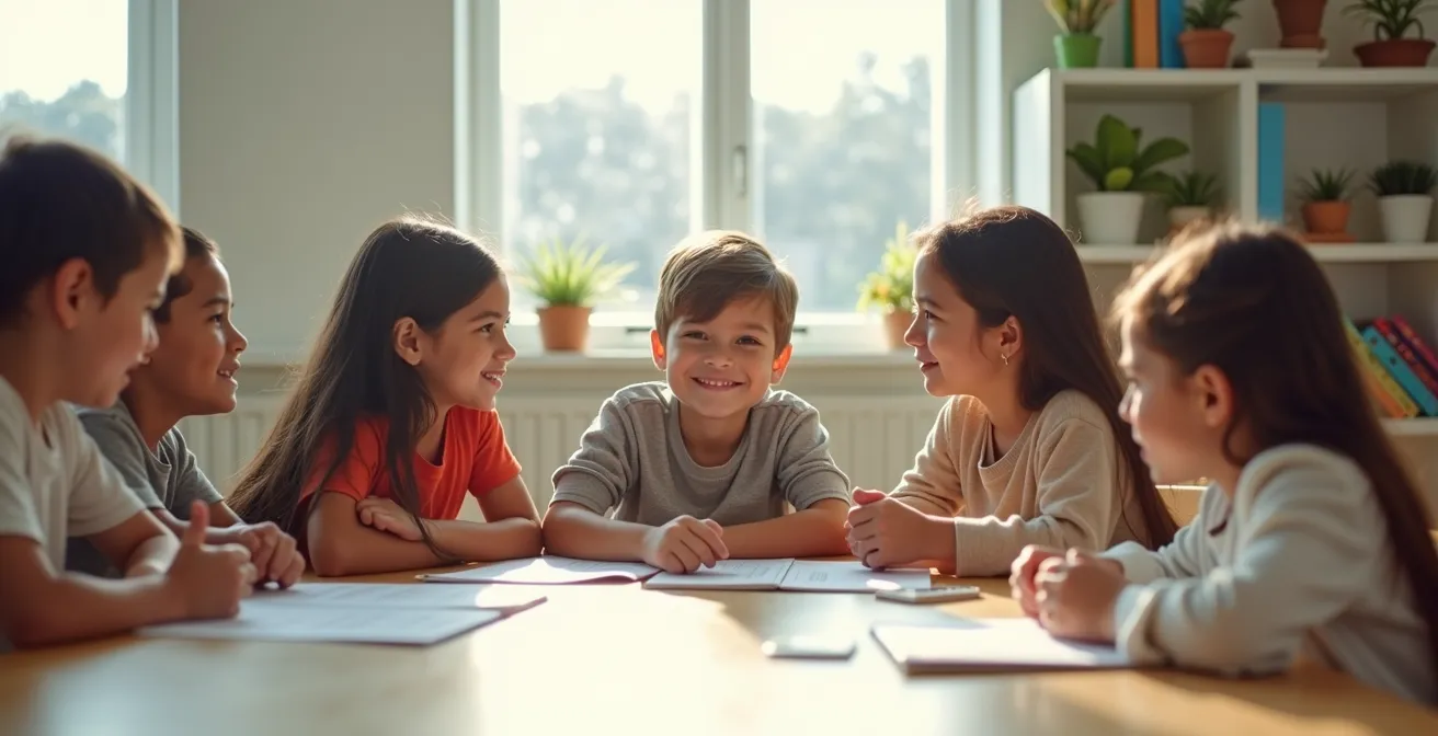 Diverse groep kinderen die samenwerken aan een project in een lichte klasomgeving