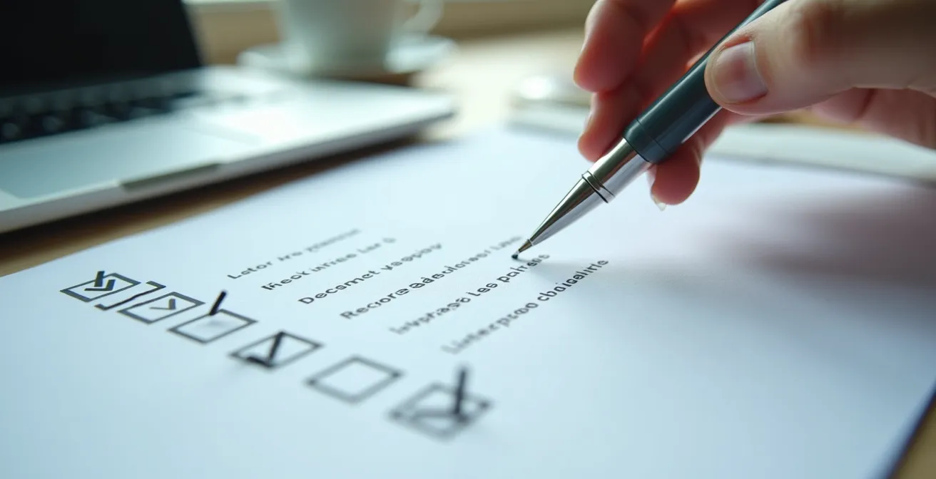 Close-up van checklist met aangevinkte items naast laptop met KIOSK-portal