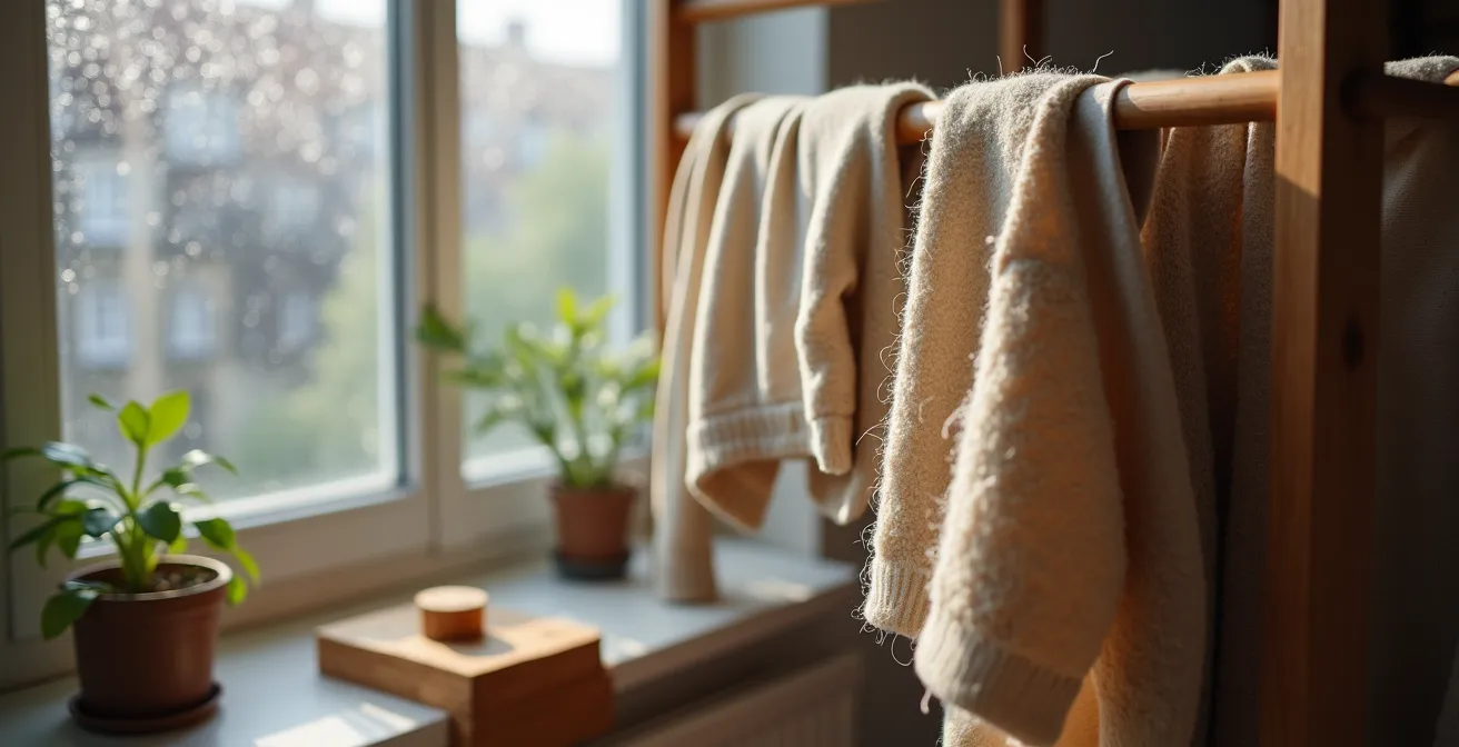 Merino wollen truien en natuurlijke materialen hangend aan houten rek bij open raam in Belgische slaapkamer