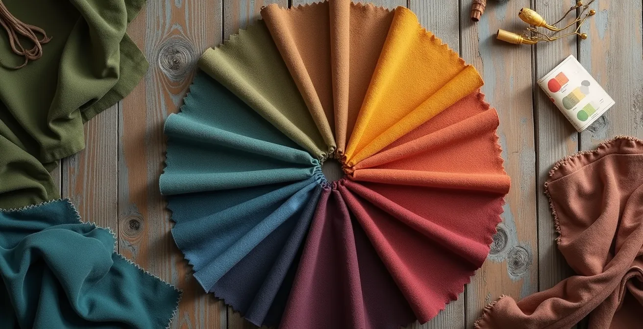 Kleurstalen in aardetinten gerangschikt op houten tafel bij Belgisch raamlicht