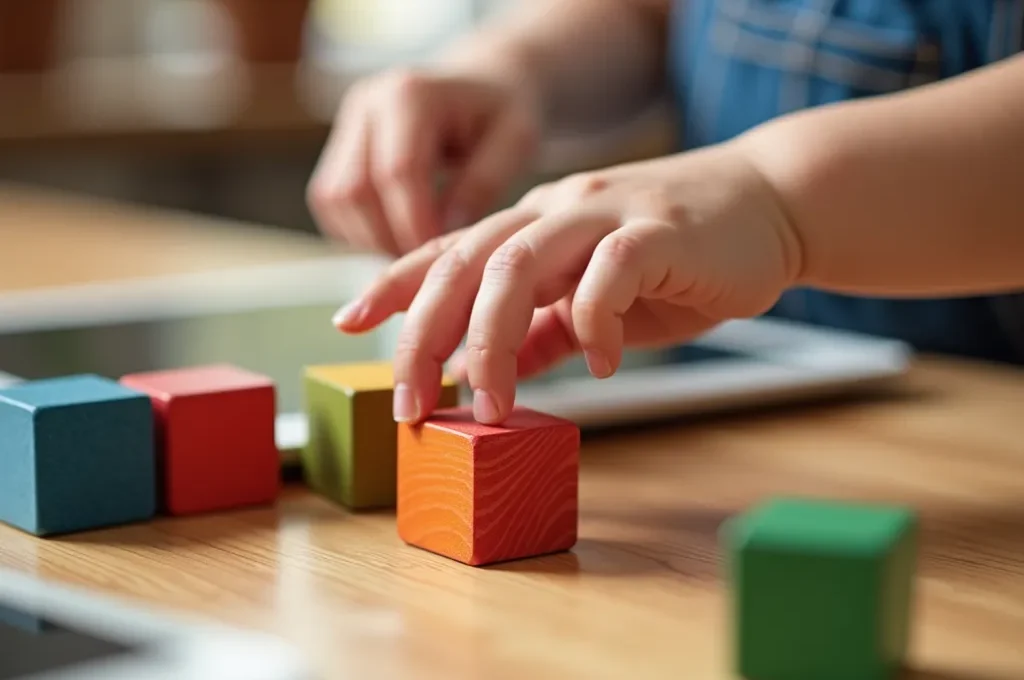 Close-up van kleuterhanden die met houten blokken spelen terwijl een tablet op de achtergrond ligt
