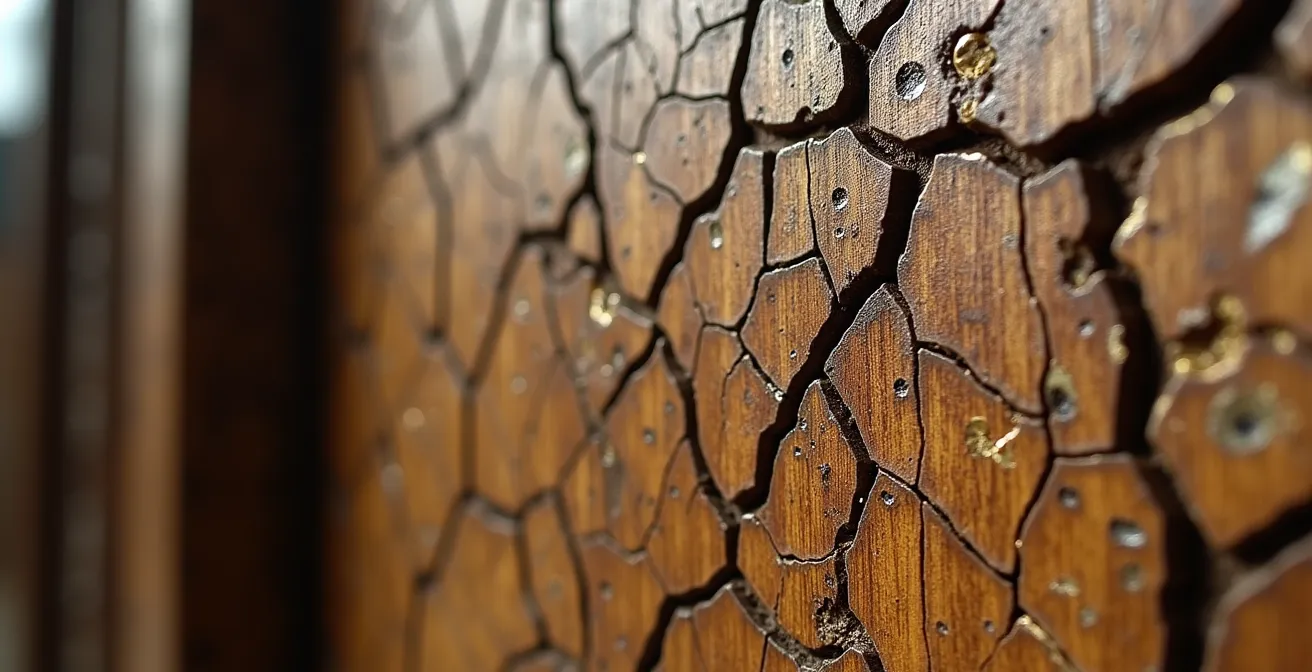 Close-up van klimaatschade op een houten paneelschilderij met barsten en vervormingen
