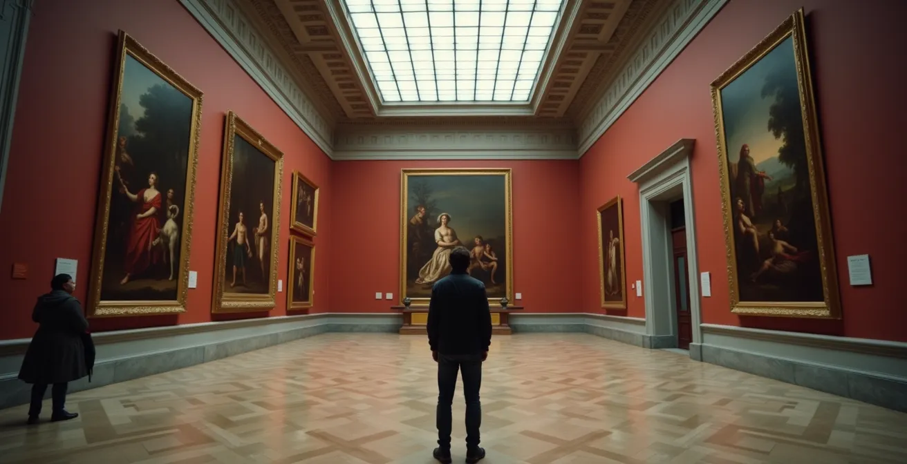 Lege museumzaal met barokke schilderijen in zachte museumverlichting