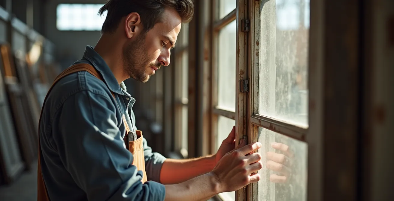 Vakman inspecteert zorgvuldig tweedehands raamkozijn met professionele meetapparatuur