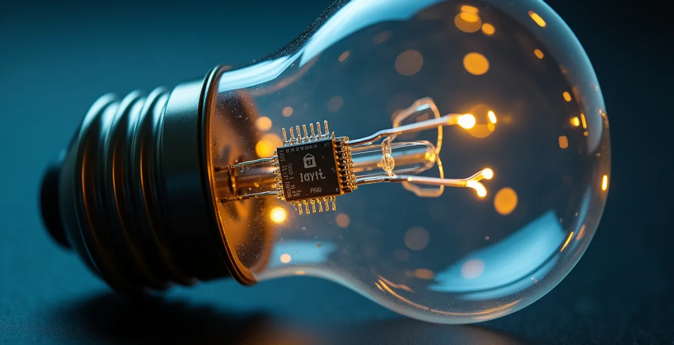 Macro opname van Matter-compatibele slimme lamp met beveiligingsdetails