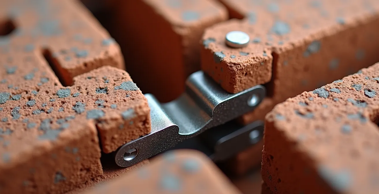 Macrobeeld van droge mechanische verbinding tussen bakstenen zonder mortel