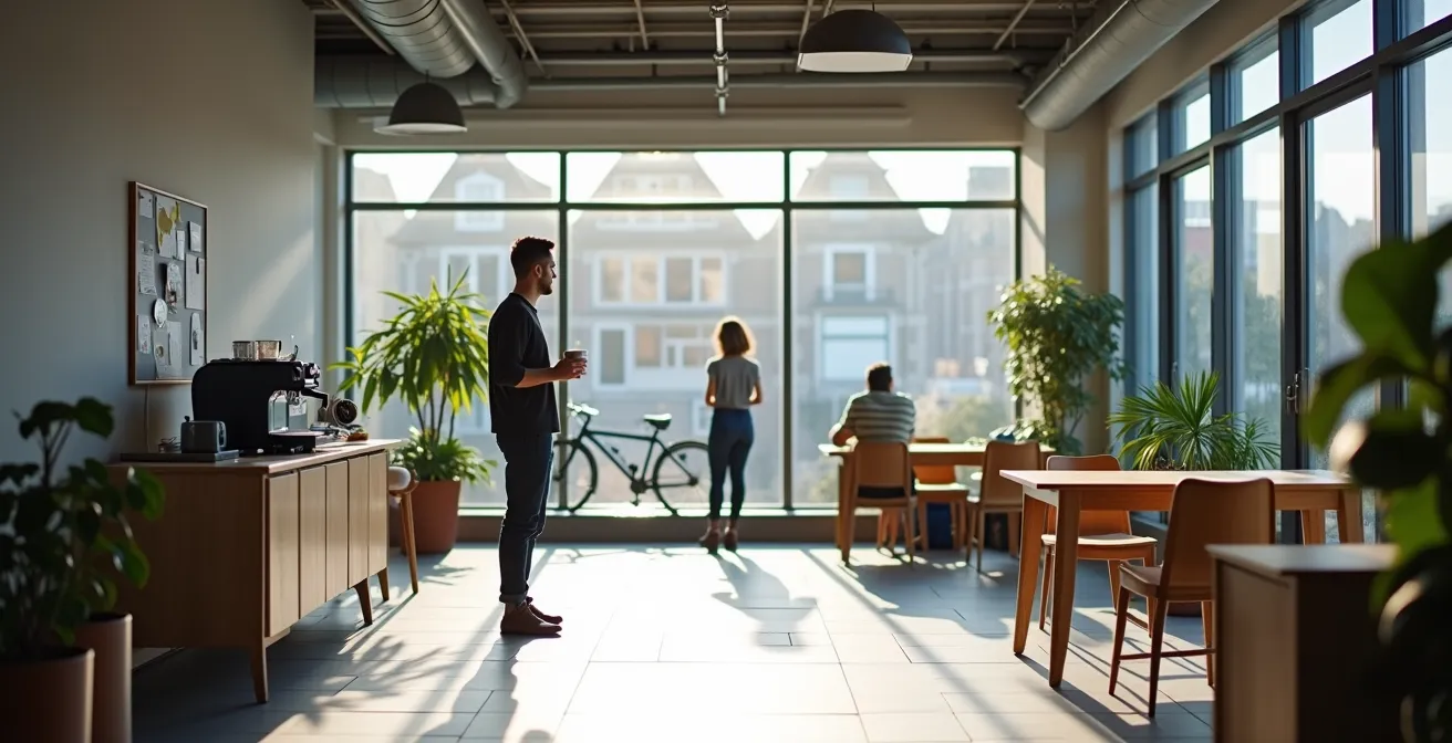 Kantoormedewerker neemt korte pauze bij koffiemachine in typisch Belgisch kantoor