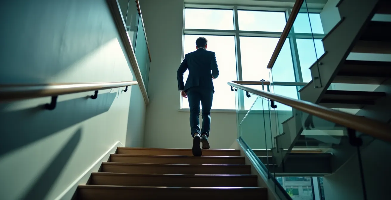 Zakenman in sportkleding loopt trap op in modern Brussels kantoorgebouw