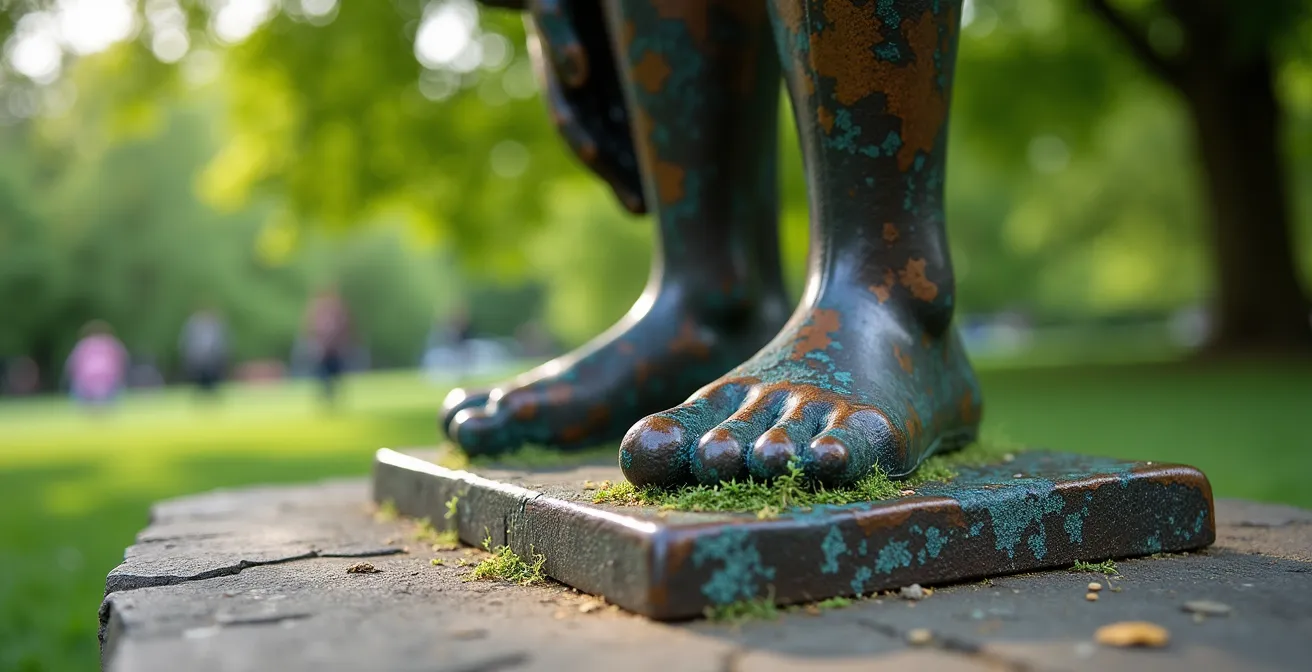 Monumentale moderne sculptuur in groen parklandschap met wandelaars