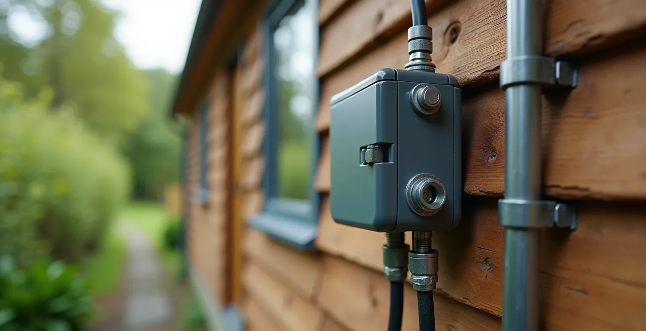 Off-grid tuinkantoor met zonnepanelen en regenwateropvang systeem