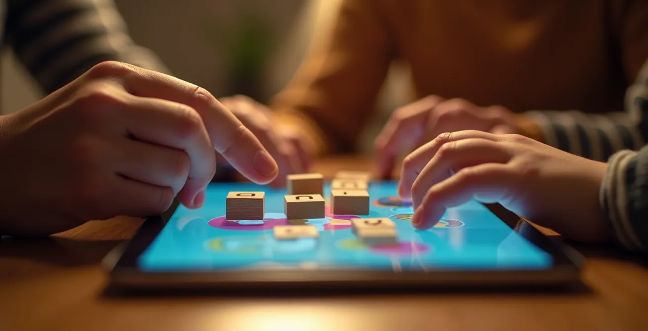 Ouder en kleuter delen tablet tijdens interactief leermoment in huiskamer