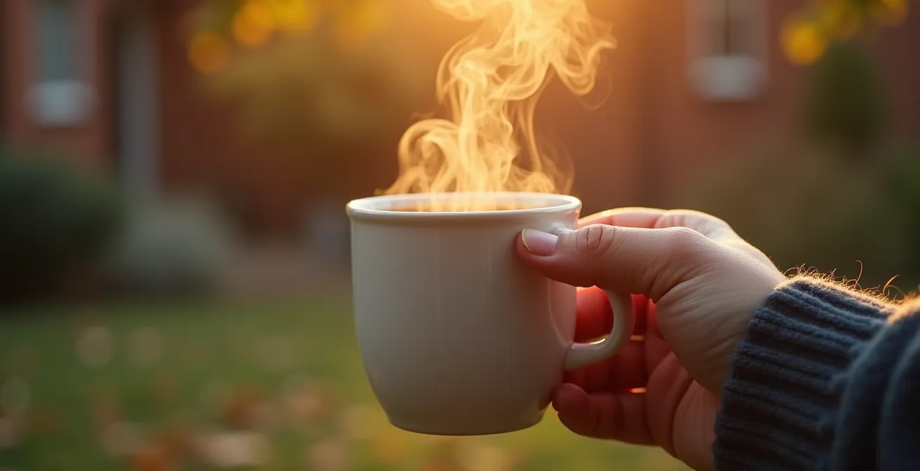 Ouder geniet van rustig moment met koffie in typisch Belgische achtertuin