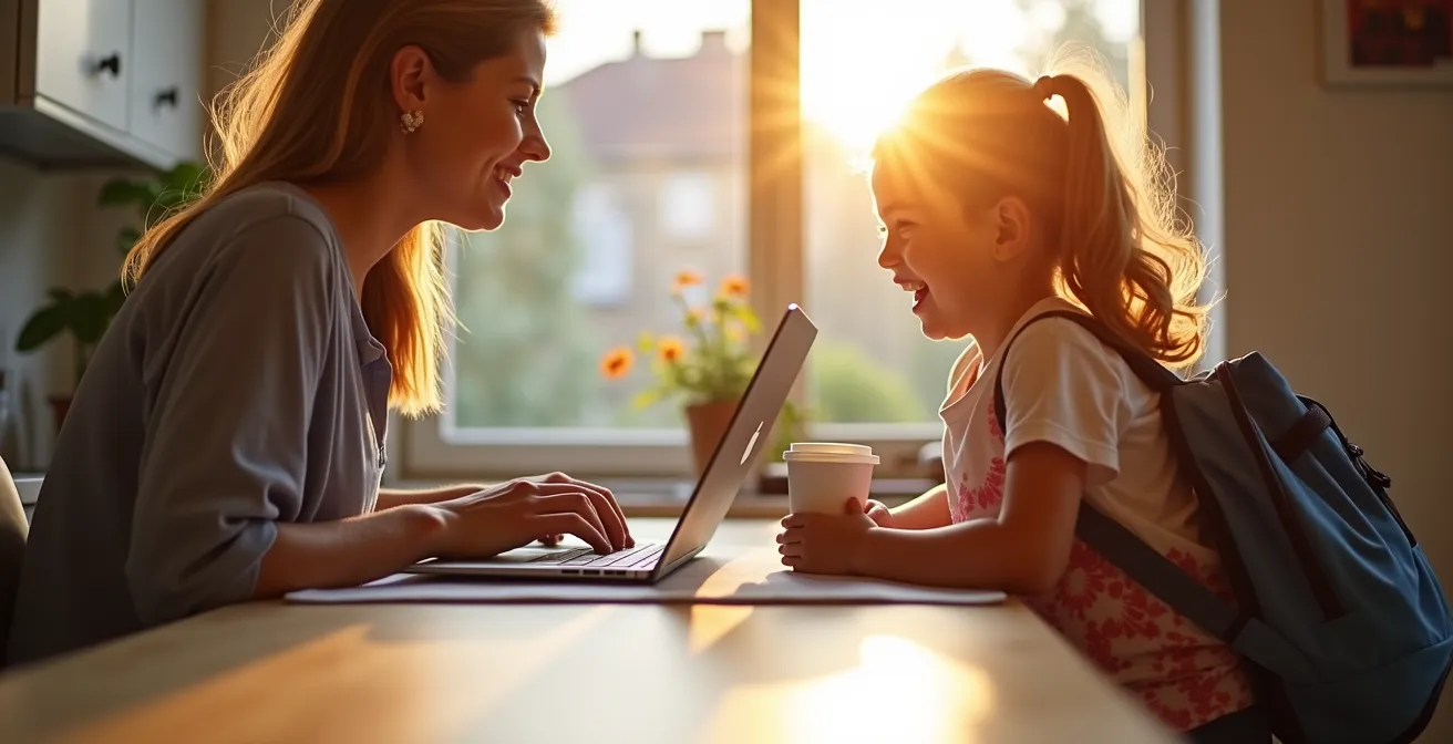 Werkende ouders aan keukentafel met laptop terwijl kind met sporttas vertrekt