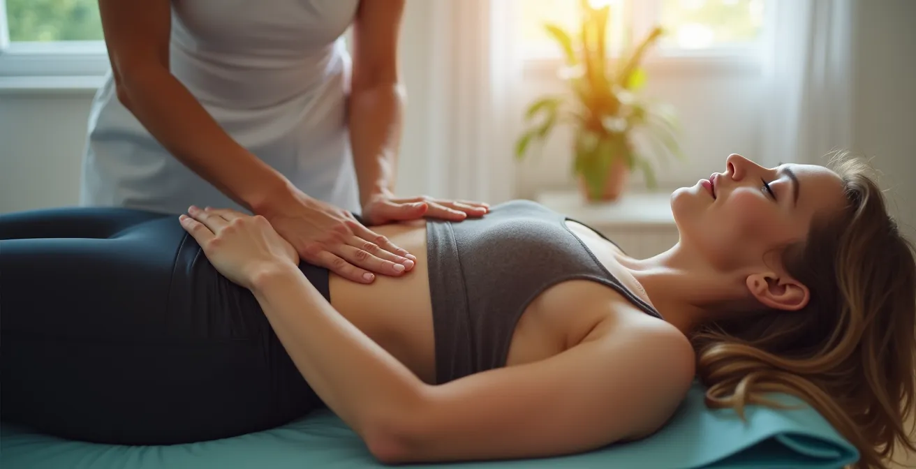 Close-up van therapeutische handen die diastase meten tijdens postnatale Pilates-sessie