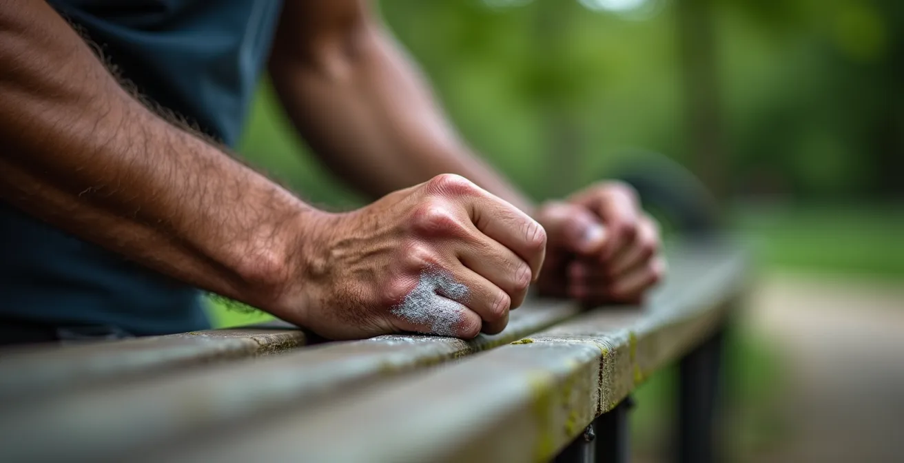 Close-up handen op verweerd houten parkbank tijdens decline push-up positie