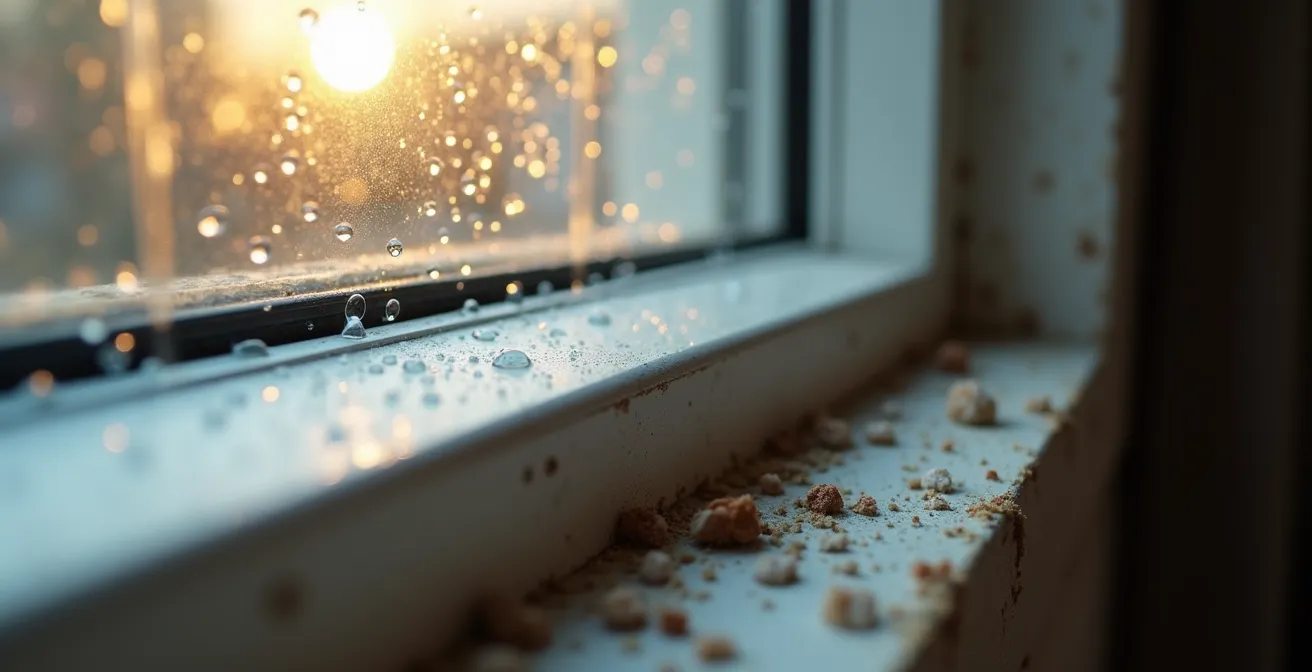 Close-up van condens en beginnende schimmelvorming bij nieuw geplaatst raam zonder ventilatie