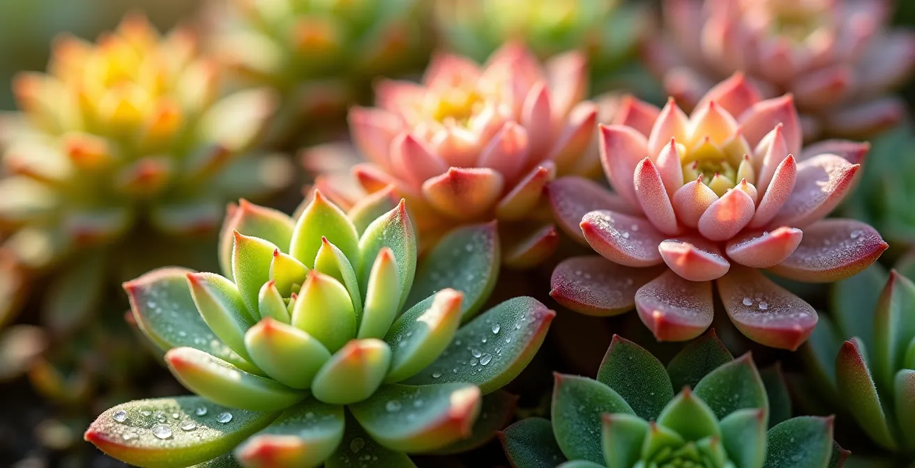 Macro-opname van sedumplanten met ochtenddauw in verschillende groeistadia
