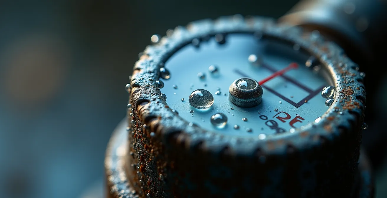 Macro-opname van digitale watermeter met waterdruppels