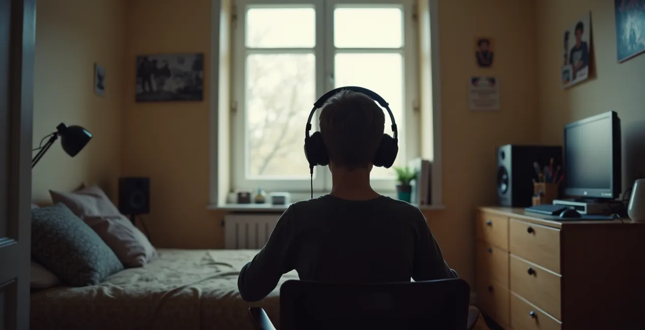 Tiener in eigen kamer met koptelefoon, verwerkt emoties door muziek