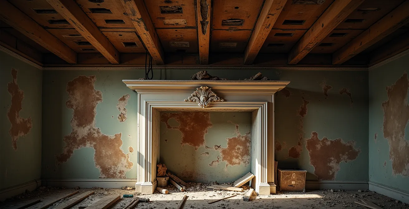 Symbolische weergave van onverwachte renovatiekosten in een herenhuis