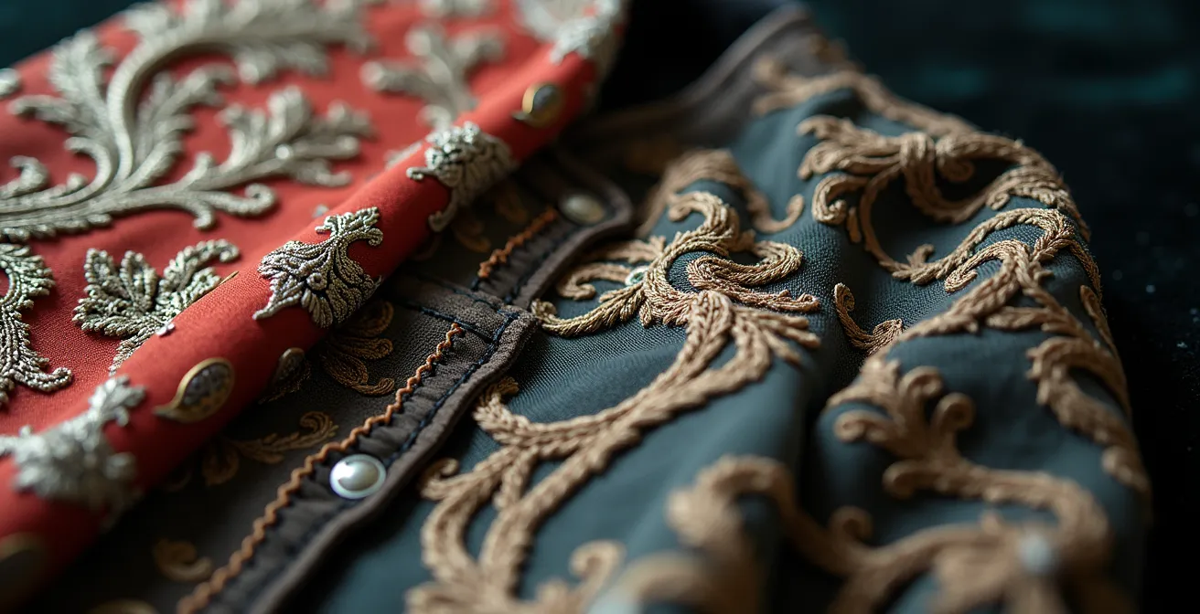 Close-up detail van vintage Dries Van Noten borduurwerk naast Raf Simons bomber textuur
