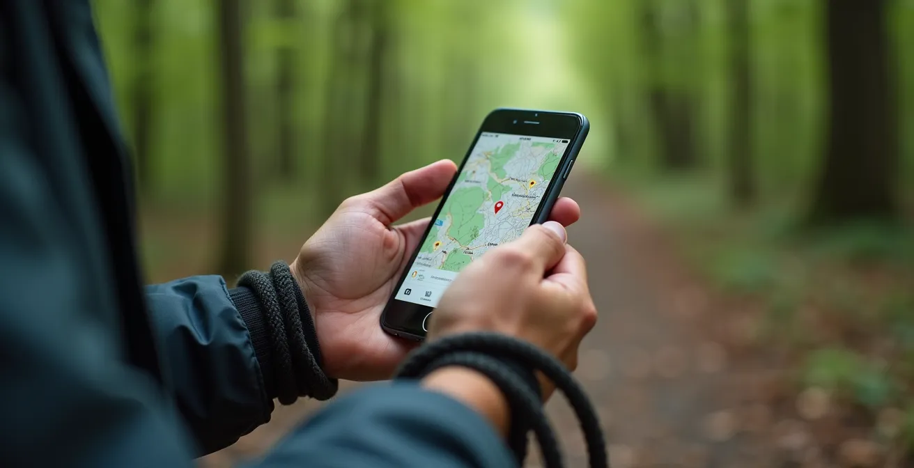 Close-up van handen die een smartphone vasthouden met wandelapp in het bos