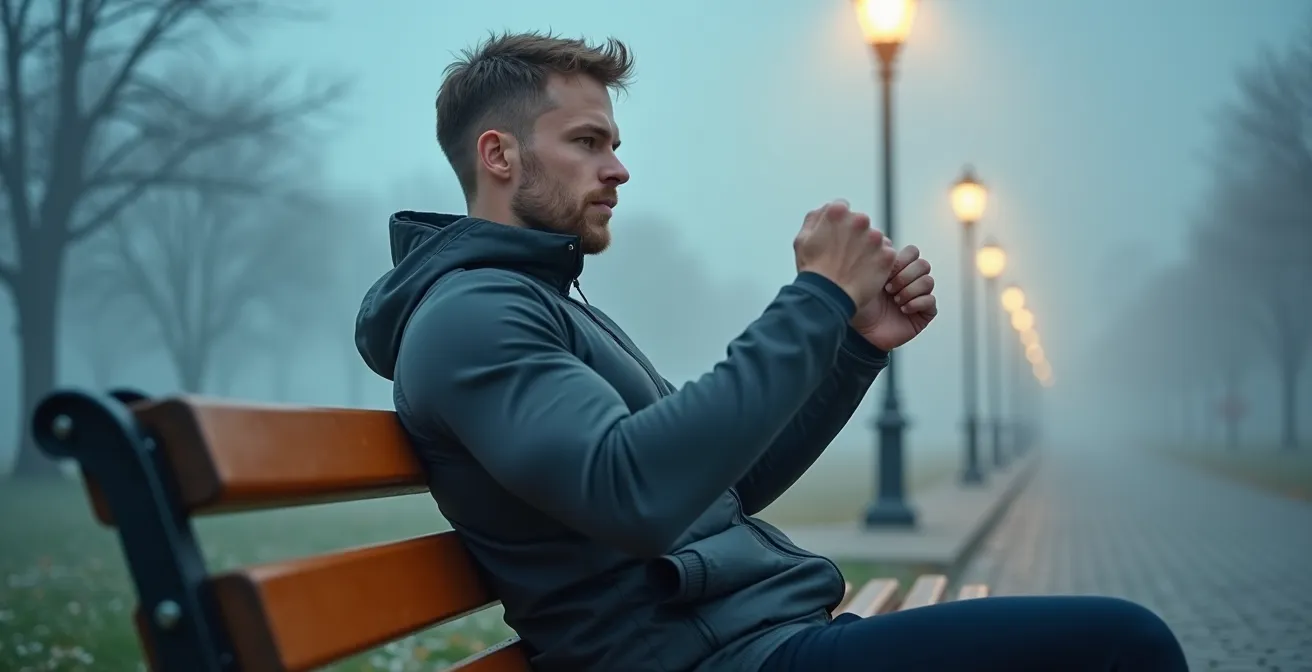 Sporter in laagjeskleding traint bij parkbank tijdens mistige winterochtend