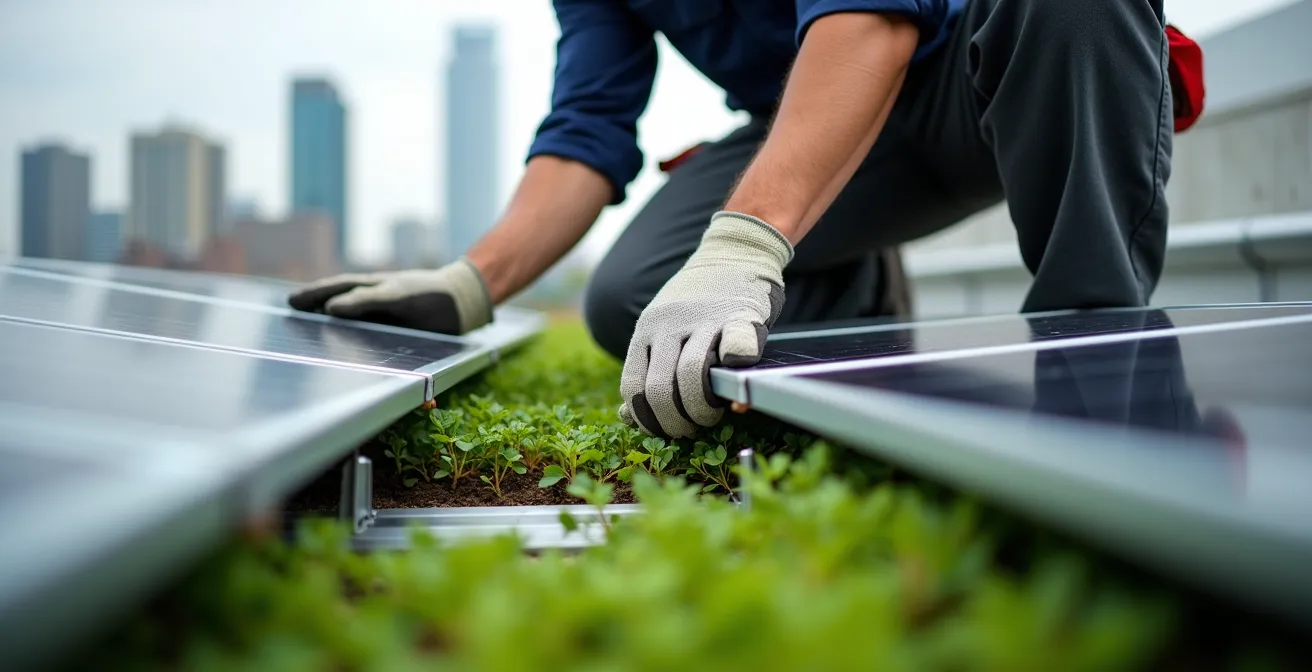 Vogelperspectief van modern dak met geïntegreerde zonnepanelen tussen sedumbegroeiing